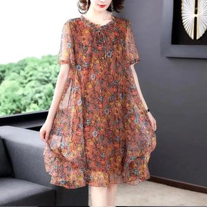 Party Dresses Short Sleeve Patchwork Gaze Round Neck Loose Printing Elegant Summer Thin Casual Fashion Graceful Women's Clothing 2024