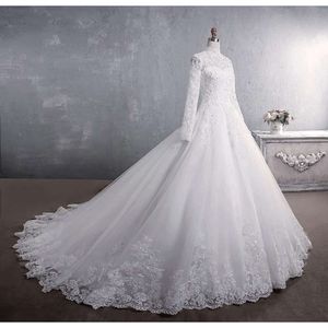 Abito alto una foto vera maniche lunghe linea abiti da sposa in tulle avorio appliques in pizzo abito de mariee abiti da sposa musulmani da sposa