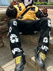 Black Printed Jeans For MenS Y2k Fashionable Loose Fitting Wide Leg Offset Casual Pants Large Hip-Hop MenS Pants 240423