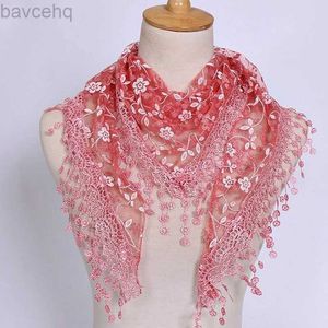 Sjalar 2023 Ny Floral Lace Triangle Scarf Tassel Shawn Female Classic Casual Transparent andningsbara halsdukar Solskyddsmedel D240426