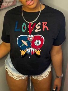Men's T-Shirts LW Cartoon Lover Letter Printed T-shirt Summer Short sleeved Womens Loose Crewneck Top Casual Q240425