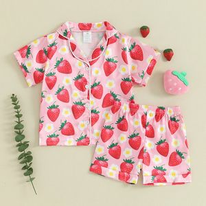 Lioraitiin Toddler Baby Girls Summer Satin Pajamas Pyjamas Set Strawberry Print Short Sleeve Button Turndown Shirt Outfit 240418