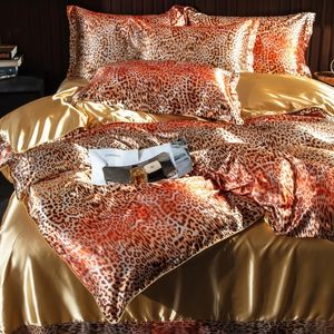 Golden Leopard Print Bedding Set Super Soft Silky Satin Quilt Cover Bed Linen Sheet Pillowcase Mattress Cover Home Textiles 240422