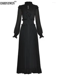 カジュアルドレスEshin Solid Color Black Long Lantern Sleeve Patchwork Flounded Edge Single Breched Dress for Women 2024 Spring Robe TH6108