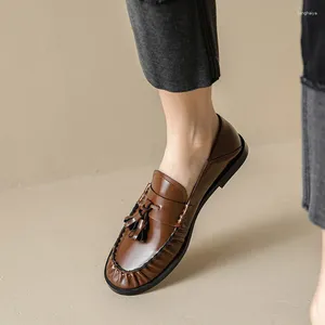 Casual Shoes Phoentin veckad design Spring Autumn Women's Round Toe Loafers Retro Low Heels Bruna svarta pumpar FT2987