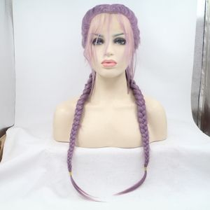 Moda Purple peruca que vende meia mão com gancho de renda frontal fibra química de fibra de cabelo menina peruca de cabelo vento de alta temperatura de seda cacheada trança dupla