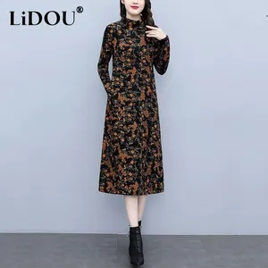 Casual Dresses Autumn Winter Half High Collar Loose Fashion Midi Dress Female Thick Warm Add Plush Robe Women Elegant Vintage Vestidos