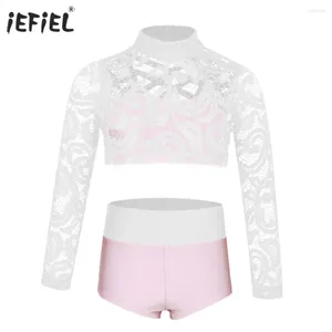 Roupas de roupas para meninas dança fantasias simuladas no pescoço de renda floral tops com briefs para crianças roupas de dança para ginástica de ginástica de balé