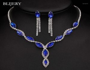 Blijery Silver Plated Royal Blue Crystal Wedding Smyckesuppsättningar för kvinnor Blad Tassel Long Necklace Earrings Bridal smyckesuppsättningar13004861090