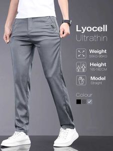 Men's Pants OUSSYU brand spring and summer soft elastic Lyocell fabric mens casual pants ultra-thin elastic waist business gray mens TrousersL2404