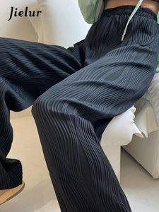 Calça feminina feminina de perna larga preta mulher verão elegante plissou palazzo listras fêmeas calças de cintura alta elástica casual s-xxl