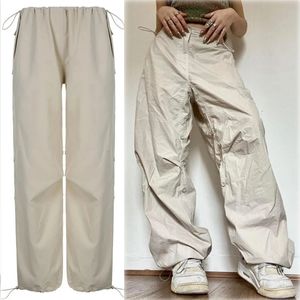 Drawstring Y2K Cargo Pants Wide Leg Baggy Trouser Solid Color Low Waist Sweatpant Oversize Summer Streetwear Women Clothing 240424