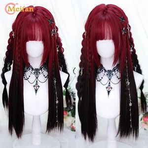 Synthetische Perücken meifan synthetische lange gerade lolita Perücke und Bang Red Ombre Schwarze Rollenspielparty Halloween Weihnachtswelle Curly Harajuku Q240427