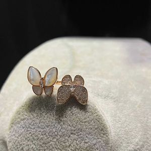 Brand Jewelry Original Van Open Butterfly Ring Full Diamond Natural Fritillaria Four Leaf Grass Series Womens