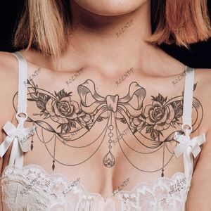 Tattoo Transfer Waterproof Temporary Tattoo Sticker Flower Bow Sexy Fake Tatto Flash Tatoo Chest and waist Tato for Girl Women 240427