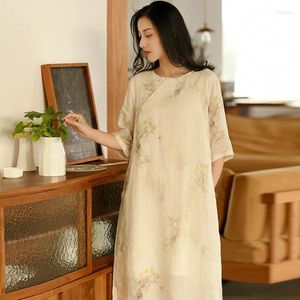 Party Dresses Johnature Women Vintage Print Floral Dress O-Neck Half Sleeve Robes 2024 Summer Chinese Style Button Ramie A-Line