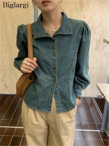 Женские блузкие джинсовые джинсы весенние летние рубашки Топы женские стройные ретро -ретро с длинным рукавом укороченные в корейском стиле женщина