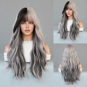 Synthetic Wigs PARK YUN Long Body Wavy Silver Gray Wig with bangs suitable for women daily parties high-density hair Ombre wig heat-resistant fiber Q240427