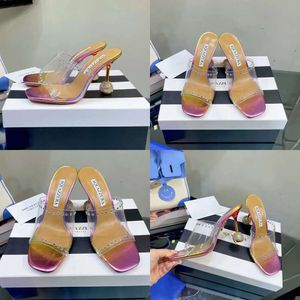 Aquazzura yeni kristal çivili yüksek topuklu terlik sandaletler stiletto pvc katırları elmas top metal topuk 105mm slip-on açık ayak parmağı kadınlar ayakkabı orijinal kalite