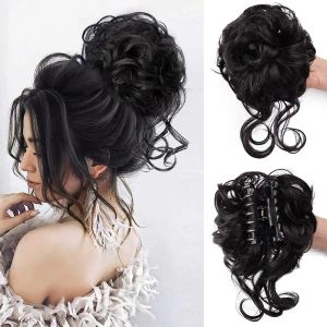 Chignon Messy Hair Bun Scrunchies for Women Tusled Updo Bun Syntetyczne faliste kręcone kucyk Chignon Ponytail do codziennego zużycia (czarny)