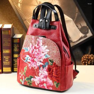 School Bags Ethnic Style Fashion Leather Women Backpack Shoulder Hand Bag Embroidery Design Travel Backpacks