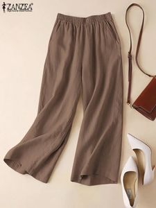 2024 Zanzea Spring Fashion Cotton Wide Leg Pants Women Lose Elastic midja Palazzo Vintage Solid Pantalon Casual Long Byxor 240420