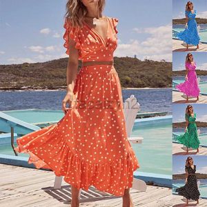 Grundläggande avslappnade klänningar Designerklänning Spring/Summer Sexig Bohemian Polka Dot Print Dress med V-ringning, ruffle-ärmar, midje cinched kjol