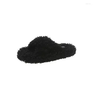 Slippers Fashion Large Size Cross Woolly Female Curly Korean Version Of A Word To Wear Sandals Casual Flat Women's Shoes