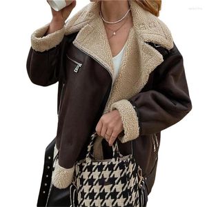 Kadın Ceketler Pu Deri Ceket Kadınlar 2024 Kış Sıcak Dönüş Yatak Fermuar Uzun Kollu Katlar Cepler Vintage Giysiler