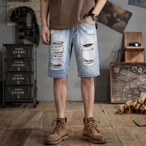 Summer taglie forti maschi cortini strappati in jeans azzurro pantaloni a metà lunghezza dimensione 28-48 per ragazzo 50-142 kg