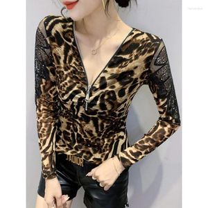 Women's T Shirts Foreigner Diamond T-shirt Long Sleeve 2024 Autumn Fashion Zipper V-Neck Slim Fit Top Mesh Bottom Shirt