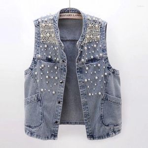 Kvinnors västar Fashion Short Denim Vest 2024 Spring Autumn Korean Heavy Industry Nail Bead ärmlös jacka Kvinna Löst väst