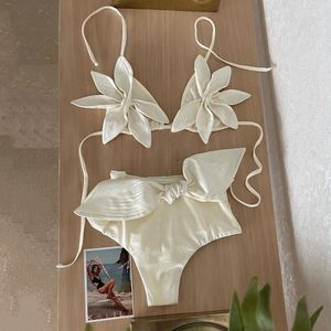 Seksi Beyaz Çiçek Dantel Bikinis Kadın Mayo V yaka yüksek belli iki parçalı mayo plaj kıyafeti bowkont biquini kadın yüzme 240426
