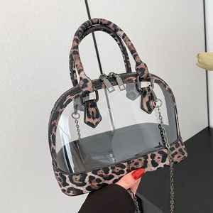 Bolsa de crossbody de estampa de leopardo para mulheres, bolsa de ombro transparente da moda com alça de corrente para praia e verão 2024