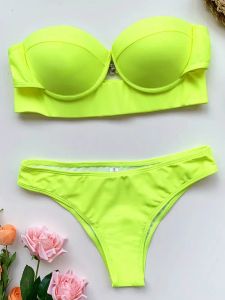 Sätt sexig neongrön push up bh cup bikini kvinnor bandeau baddräkt kvinnlig badkläder två stycken bikini set brasiliansk baddräkt simma