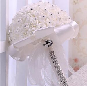 Cream Satin Rose Bridal Wedding Bouquet Wedding Decoration Crystals Artificial Flower Bridesmaid Bridal Hand Holding Flowers