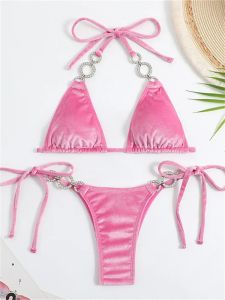 Set Sexy Triangle Bikinis Zestaw kobiet 2024 Solid Pink Criss Cross Velvet Swimsuit Luxury Rhinestone Kąpiec Metalowy stroja kąpielowa Y2K