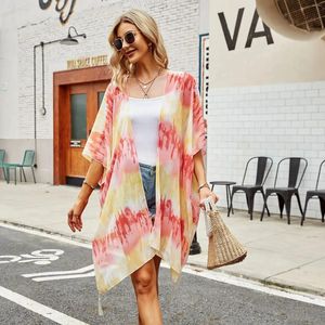 Summer Street Leisure Chiffon Tassel Beach Women Shawl Sunscreen Sunshade Cardigan Cloak Lady Coat Poncho Capes Red