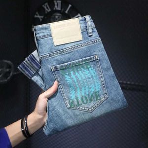 Men's Jeans New mens jeans for spring and summer are soft breathable retro trendy printed with elastic slim fit straight lines Q240427