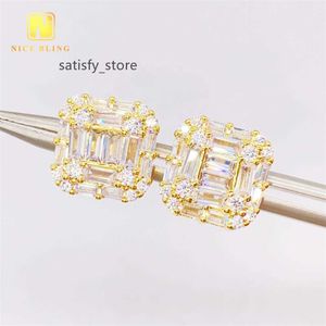 New Styles Hip Hop Jewelry Manufacturer Baguette Cut Moissanite Pass Diamond Tester Silver Iced Out Earring Studs for Unisex