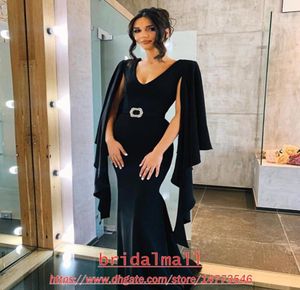 2020 Navy Blue Satin Mermaid Evening Dresses With Cape Sexy V Neck Plus Size Formal Evening Gowns Elegant Special Occasion Prom Pa4566892