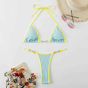 Women's Swimwear 2 Pcs/Set Women Bikini Set Womens Swimsuit Contrast Color Halter Neck Three-point Imitation Pearl Deep V Neck Swimming Suit