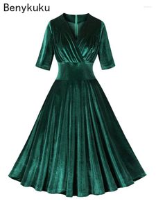 Party Dresses Green Ruched V-Neck Christmas Velvet Dress For Women Autumn Winter Half Sleeve High Waist Vintage Swing Elegant