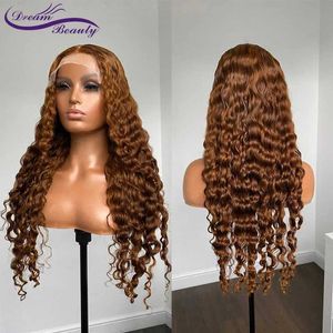 Synthetic Wigs Honey Brown Colored Human Hair Wig 13x4 Lace Front Deep Wave 4x4 Closed Female Brazilian Remi Q240427
