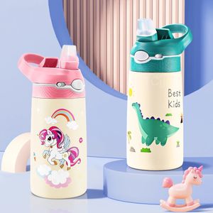 400 ml Kids Water Bottle Cartoon Animal Childrens Cup med halm rostfritt stål Vakuumfacks Termos Bottle Thermal Mugg Cups 240416