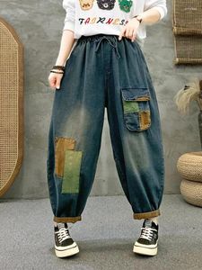 Jeans da donna Bleached Patchwork 2024 Fashion Vintage Streetwear Ladies Sheated Denim Harem Pants Casual Elastic Oversze Pantaloni