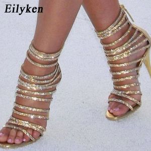 Stövlar eileken guld bling crystal sexiga sandaler höga klackar strappy gladiator kvinnor sandal stilett bröllop sandalias de mujer