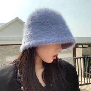 Wide Brim Hats Bucket 2020 Winter Womens Fashion Solid Color Rabbit Hair Leather Hat Fishermans Retro Knitted Wool Bottom Q240427