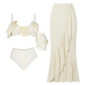 Kvinnors badkläder White 3Dfloral Female Bikini 3 Piece High midja baddräkt tätt montering Backless 2024 Kvinnor Stylish Tankini