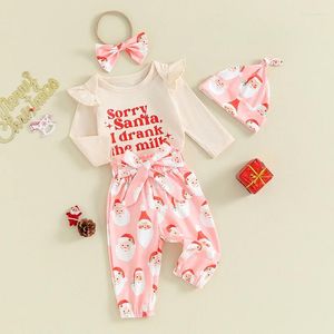 Clothing Sets Born Baby Girl Christmas Outfit Long Sleeve Ruffle Romper Cookie Milk Flared Pants Headband Set